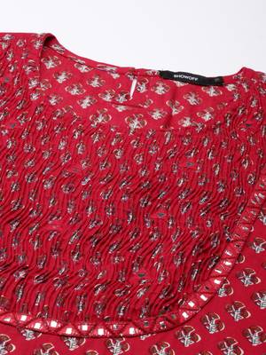 women's calf length round neck fuchsia floral straight kurta 3