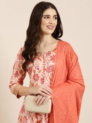 women's ankle length round neck peach floral anarkali kurta comes with duppatta 1
