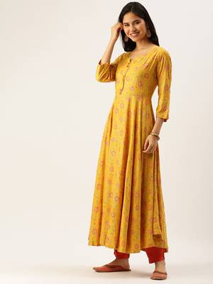 women's ankle length round neck yellow floral anarkali kurta 3