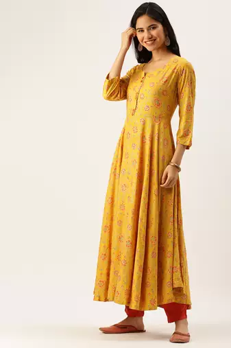 women's ankle length round neck yellow floral anarkali kurta