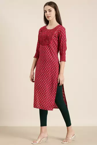 women's calf length round neck fuchsia floral straight kurta