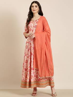 women's ankle length round neck peach floral anarkali kurta comes with duppatta 2