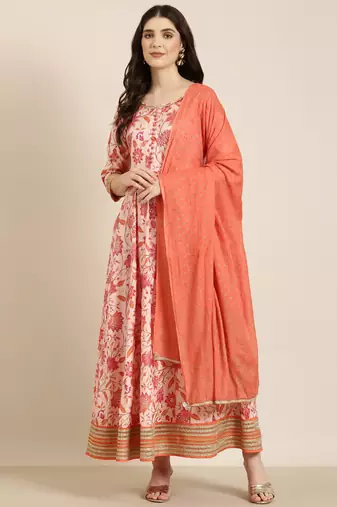 women's ankle length round neck peach floral anarkali kurta comes with duppatta
