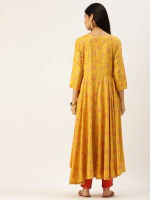women's ankle length round neck yellow floral anarkali kurta 4