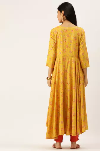 women's ankle length round neck yellow floral anarkali kurta
