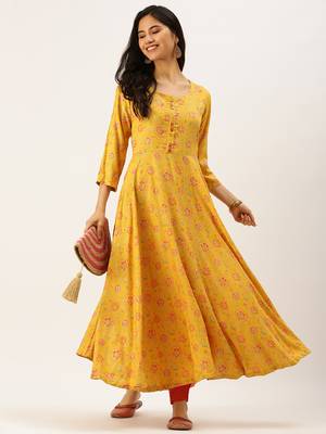 women's ankle length round neck yellow floral anarkali kurta 5