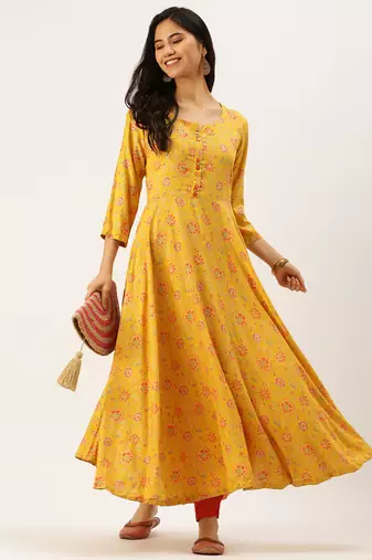 women's ankle length round neck yellow floral anarkali kurta