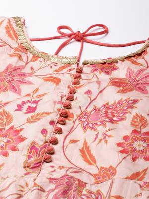 women's ankle length round neck peach floral anarkali kurta comes with duppatta 3