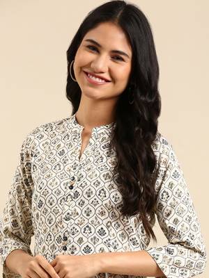 women's ankle length round neck cream ethnic motifs anarkali kurta 1