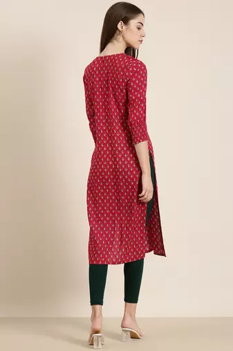 women's calf length round neck fuchsia floral straight kurta