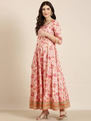 women's ankle length round neck peach floral anarkali kurta comes with duppatta 4