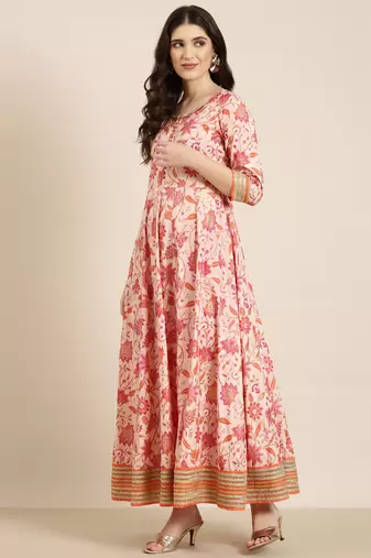 women's ankle length round neck peach floral anarkali kurta comes with duppatta
