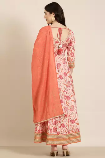 women's ankle length round neck peach floral anarkali kurta comes with duppatta