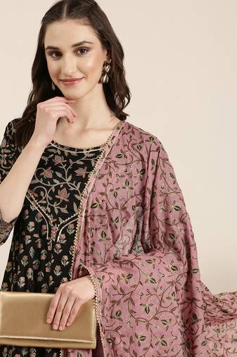 Showoff women's ankle length round neck black floral anarkali kurta comes with duppatta
