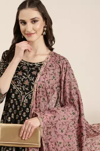 Showoff women's ankle length round neck black floral anarkali kurta comes with duppatta