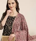 Showoff women's ankle length round neck black floral anarkali kurta comes with duppatta
