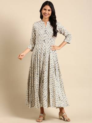 women's ankle length round neck cream ethnic motifs anarkali kurta 4