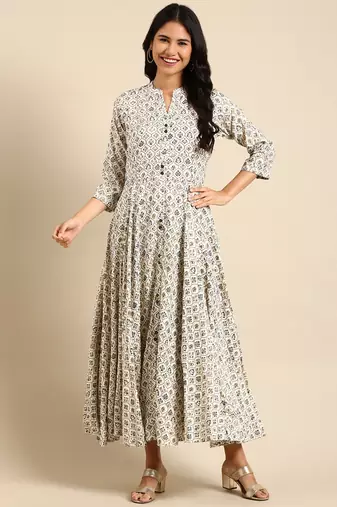 women's ankle length round neck cream ethnic motifs anarkali kurta