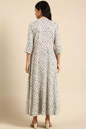 women's ankle length round neck cream ethnic motifs anarkali kurta