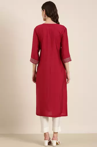 women's calf length round neck maroon solid straight kurta