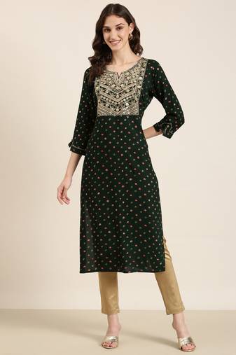 women's calf length round neck green bandhani straight kurta