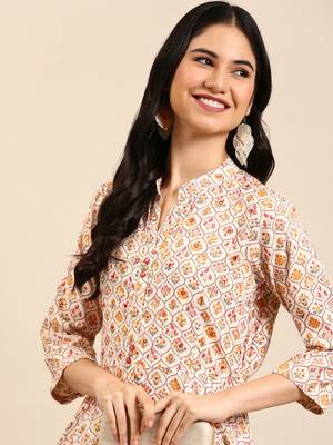 women's ankle length mandarin collar cream floral anarkali kurta 1