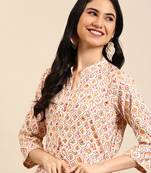 women's ankle length mandarin collar cream floral anarkali kurta