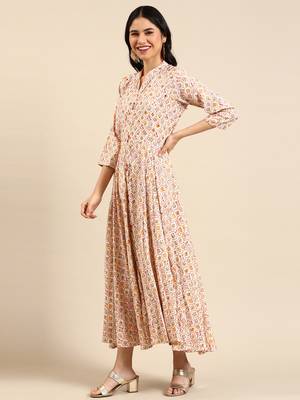 women's ankle length mandarin collar cream floral anarkali kurta 3