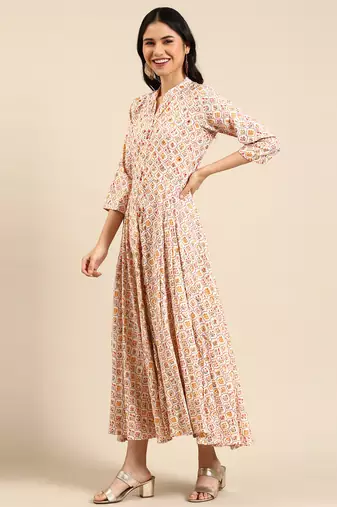 women's ankle length mandarin collar cream floral anarkali kurta