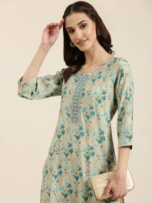 women's calf length round neck sea green floral straight kurta 2