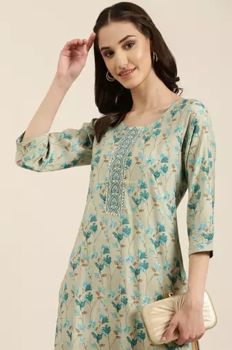 women's calf length round neck sea green floral straight kurta