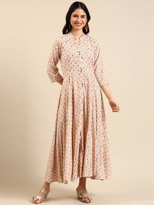 women's ankle length mandarin collar cream floral anarkali kurta 4