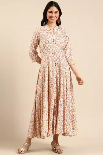 women's ankle length mandarin collar cream floral anarkali kurta