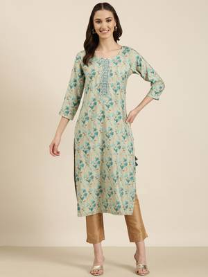 women's calf length round neck sea green floral straight kurta 3