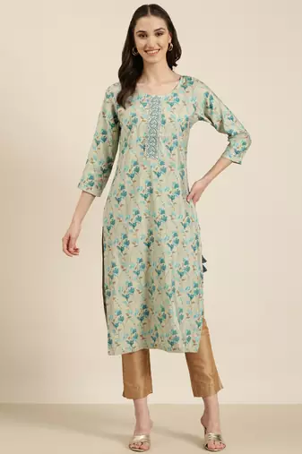 women's calf length round neck sea green floral straight kurta