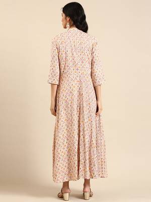 women's ankle length mandarin collar cream floral anarkali kurta 5