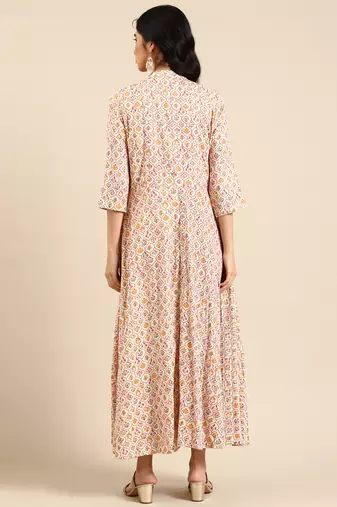 women's ankle length mandarin collar cream floral anarkali kurta