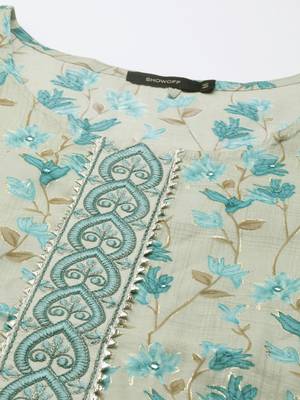 women's calf length round neck sea green floral straight kurta 4