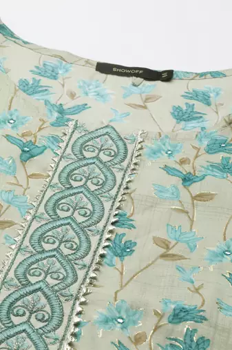 women's calf length round neck sea green floral straight kurta