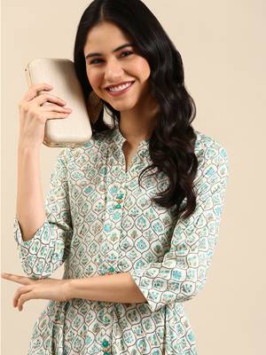 women's ankle length mandarin collar off white floral anarkali kurta 1