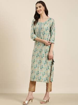 women's calf length round neck sea green floral straight kurta 1