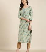 women's calf length round neck sea green floral straight kurta