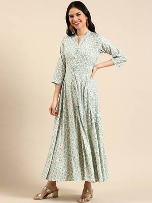 women's ankle length mandarin collar off white floral anarkali kurta 3