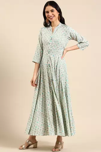 women's ankle length mandarin collar off white floral anarkali kurta