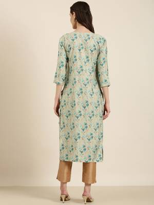 women's calf length round neck sea green floral straight kurta 5