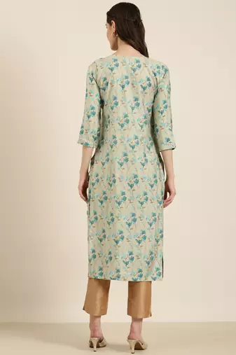 women's calf length round neck sea green floral straight kurta