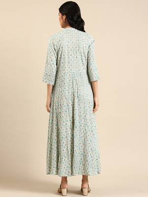 women's ankle length mandarin collar off white floral anarkali kurta 4