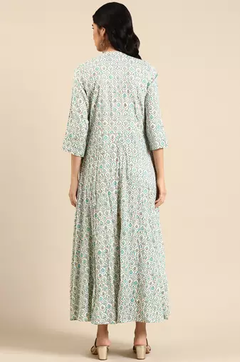 women's ankle length mandarin collar off white floral anarkali kurta