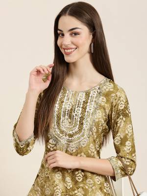 women's calf length round neck olive floral straight kurta 2