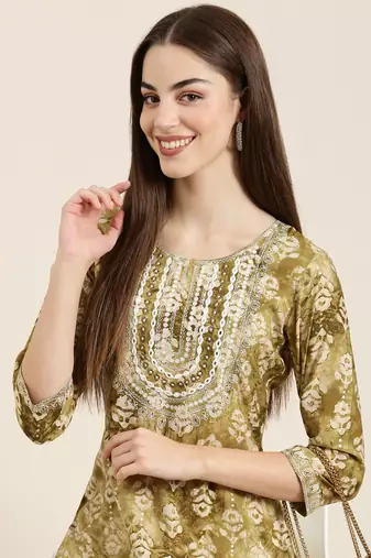 women's calf length round neck olive floral straight kurta